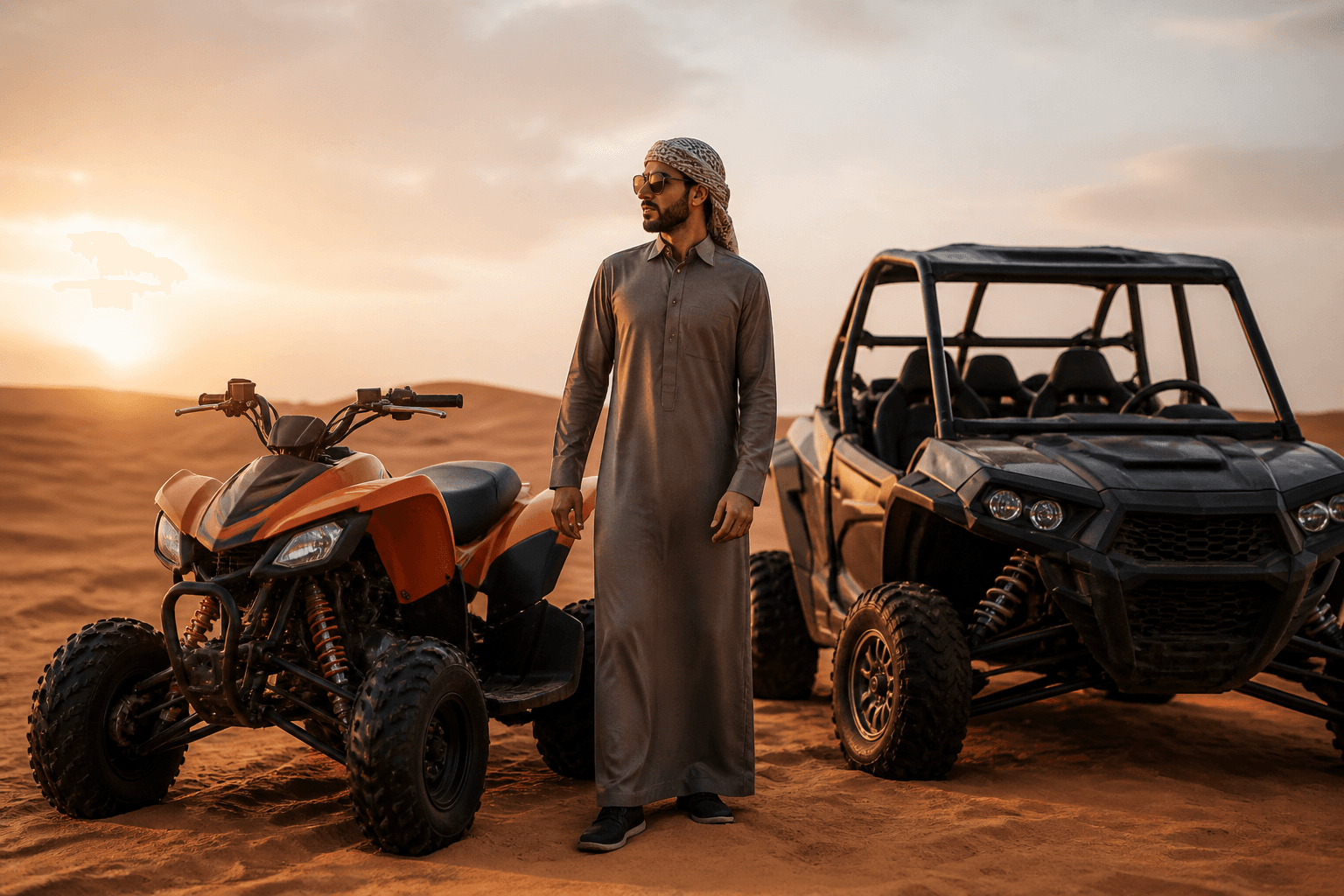 SandsXtremeAdventures guide with ATV and dune buggy on desert dunes at golden hour